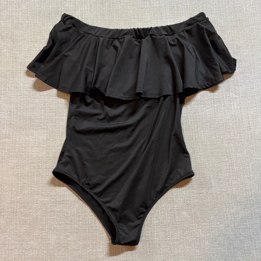 Unbranded Black‎ Off The Shoulder Ruffle Swimsuit  Women Large Solid Boho Chic
